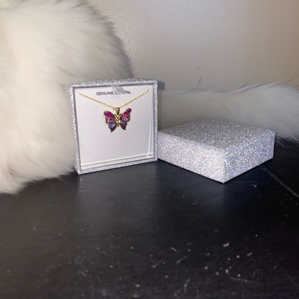 Genuine Crystal Butterfly Necklace - Pink, Purple and Gold
